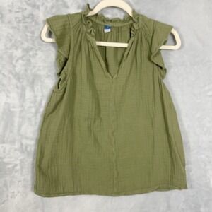 Old Navy Sleeveless Crinkle Gauze Top Olive Green Ruffle Shoulder V Neck S